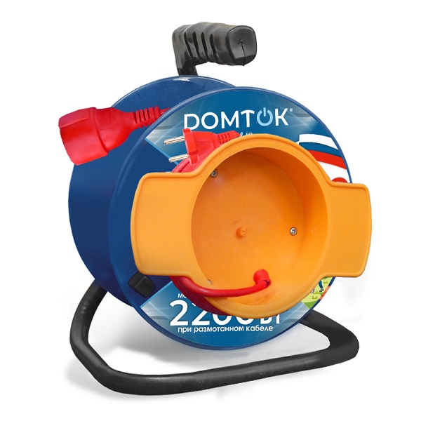 Удлинитель силовой на катушке ПВС 2*1, 2,2,кВТ  50 метров с 1 выносной розеткой DOMTOK — фото